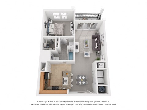 a stylized floor plan of a 1 bedroom apartment